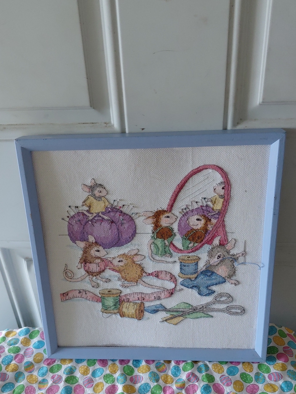 Hand-Embroidered Sewing Mice Wall Art in Light Blue Frame